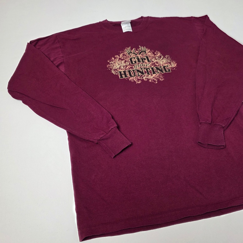 Gildan Girl Gone Hunting Graphic T-Shirt Womens M Long Sleeve Cotton Vintage - Picture 3 of 11
